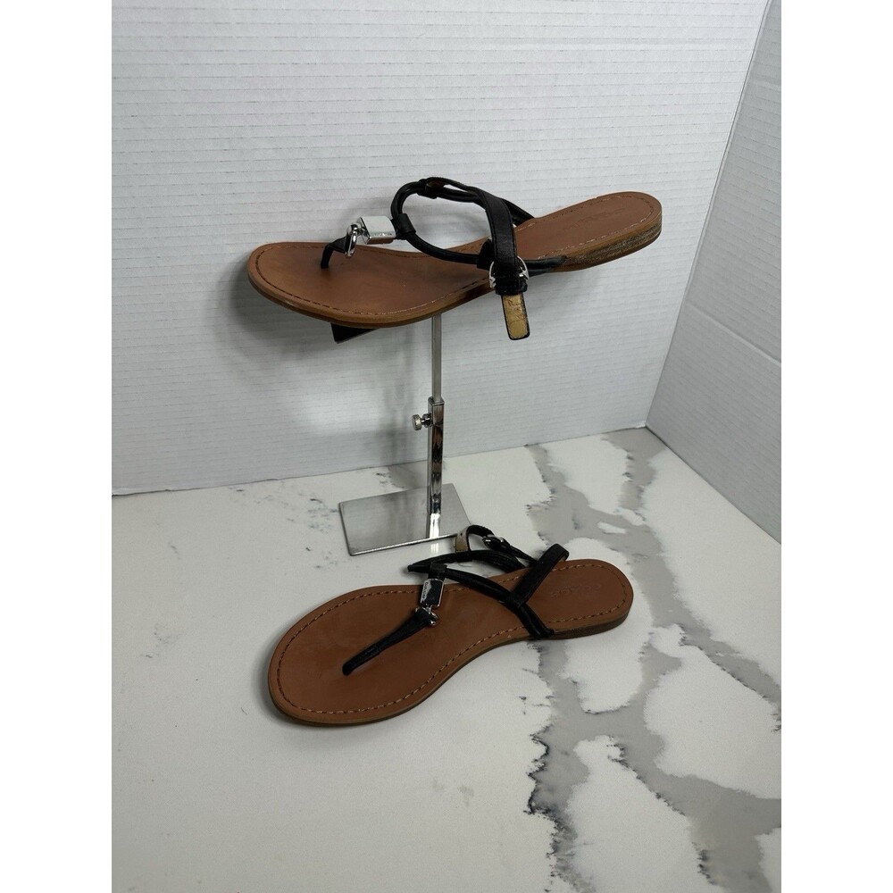 Coach Women's Black Leather Charleen T-Strap Sandals Silver Accents Sz 8 B 2309